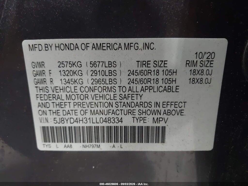 5J8YD4H31LL048334 2020 ACURA MDX photo no. 9