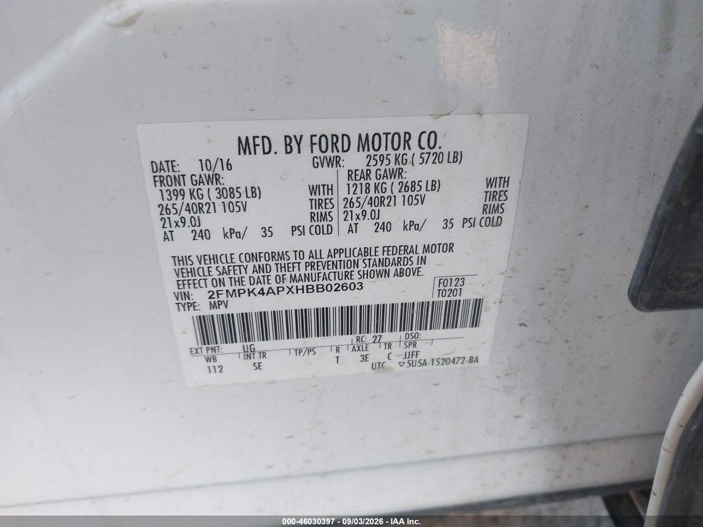 2FMPK4APXHBB02603 2017 FORD EDGE photo no. 9