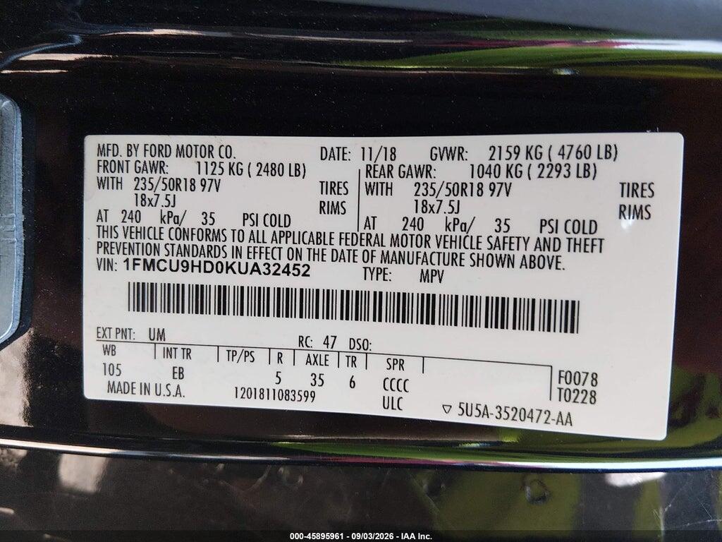 1FMCU9HD0KUA32452 2019 FORD ESCAPE photo no. 9