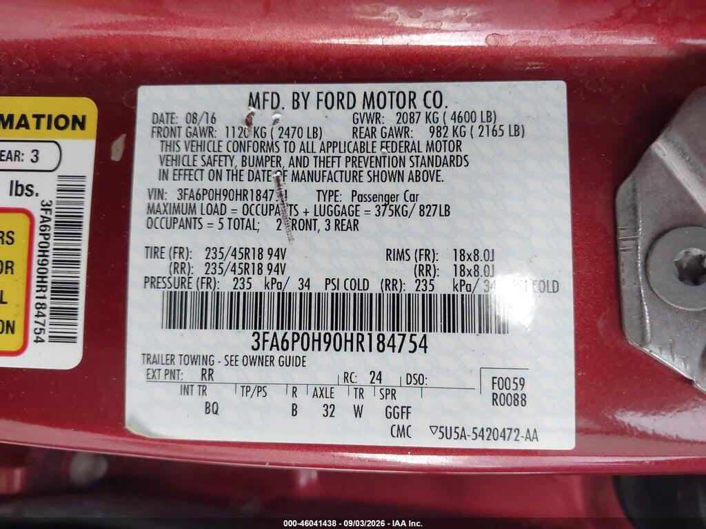 3FA6P0H90HR184754 2017 FORD FUSION photo no. 9