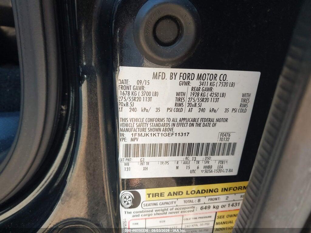 1FMJK1KT1GEF11317 2016 FORD EXPEDITION EL photo no. 9