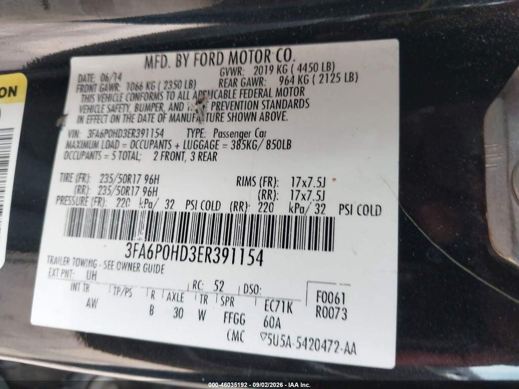 3FA6P0HD3ER391154 2014 FORD FUSION photo no. 9