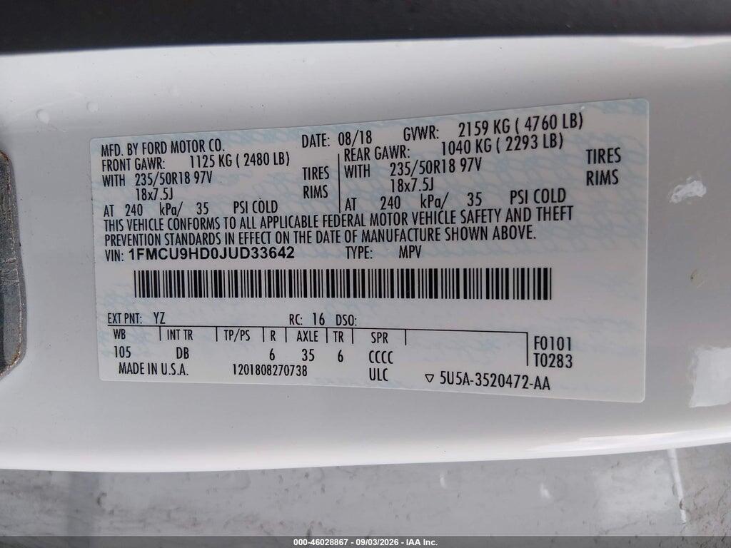 1FMCU9HD0JUD33642 2018 FORD ESCAPE photo no. 9