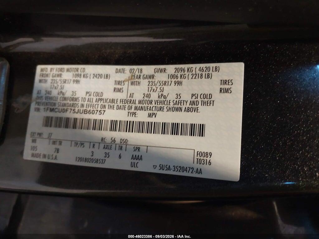 1FMCU0F75JUB60757 2018 FORD ESCAPE photo no. 9
