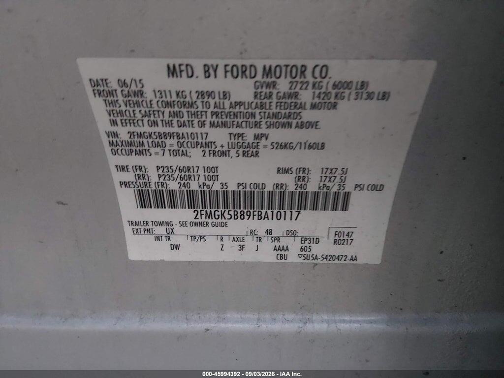 2FMGK5B89FBA10117 2015 FORD FLEX photo no. 9