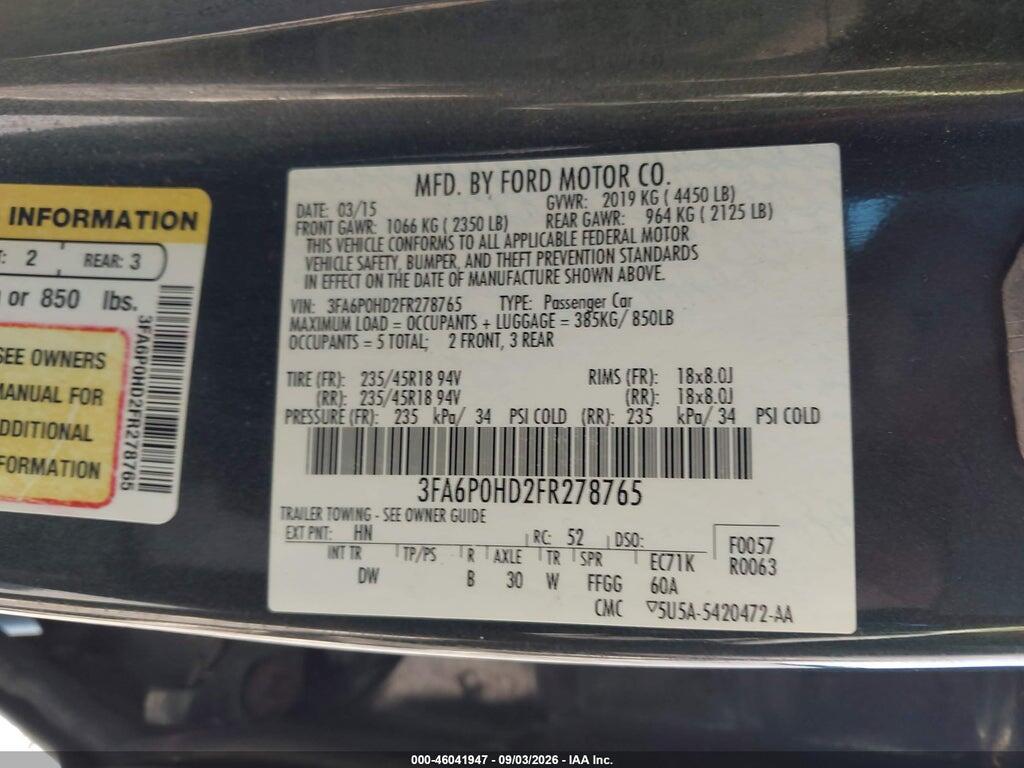 3FA6P0HD2FR278765 2015 FORD FUSION photo no. 9