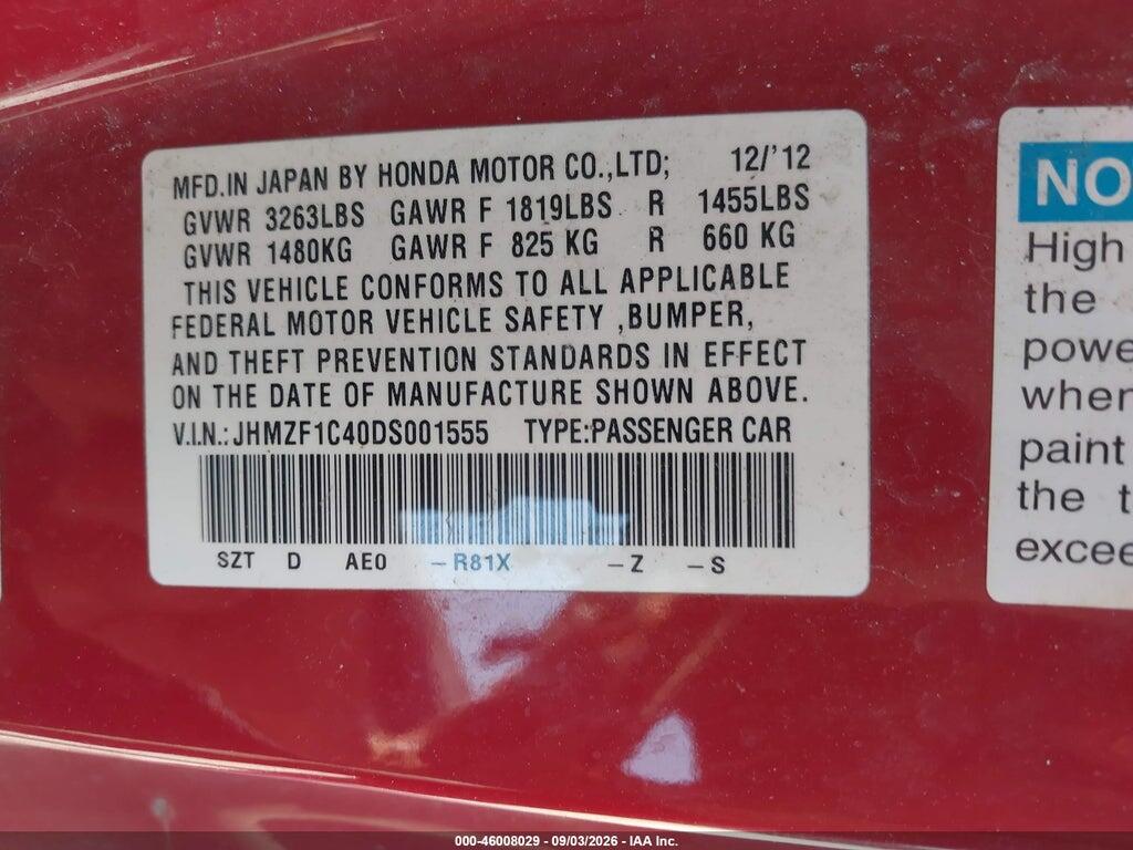 JHMZF1C40DS001555 2013 HONDA CR-Z photo no. 9