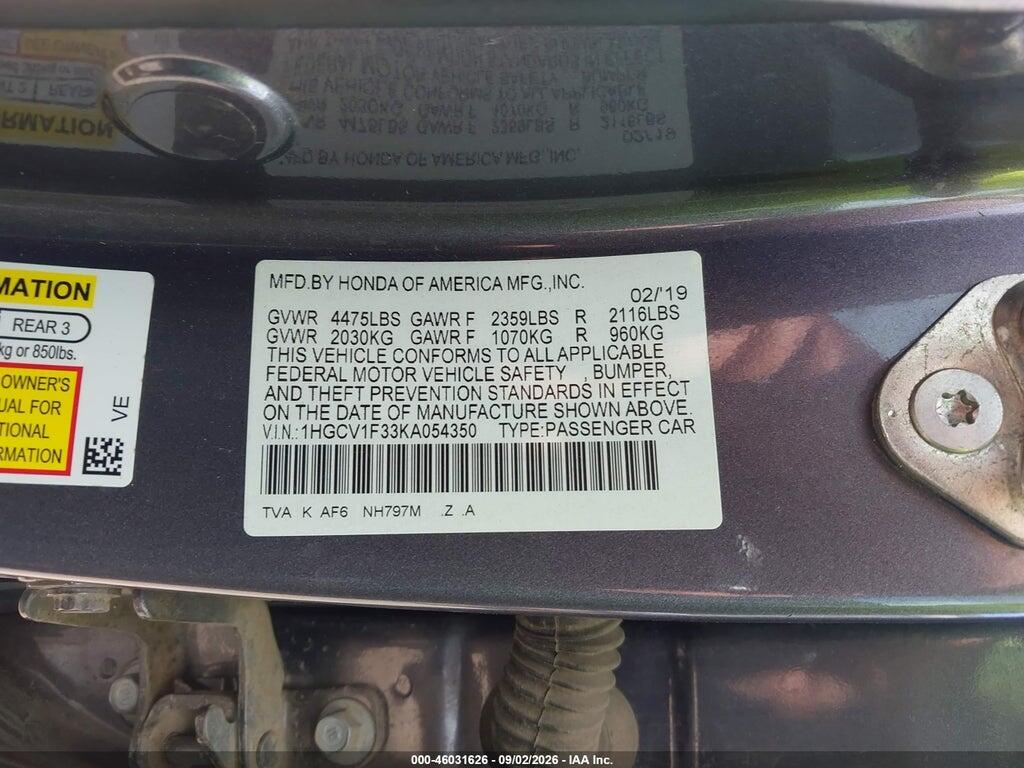 1HGCV1F33KA054350 2019 HONDA ACCORD photo no. 9