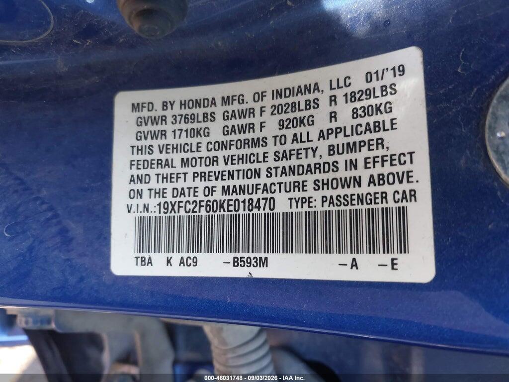 19XFC2F60KE018470 2019 HONDA CIVIC photo no. 9