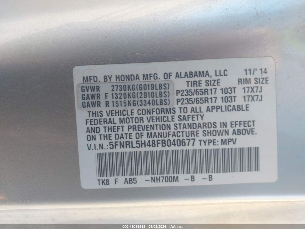 5FNRL5H48FB040677 2015 HONDA ODYSSEY photo no. 9