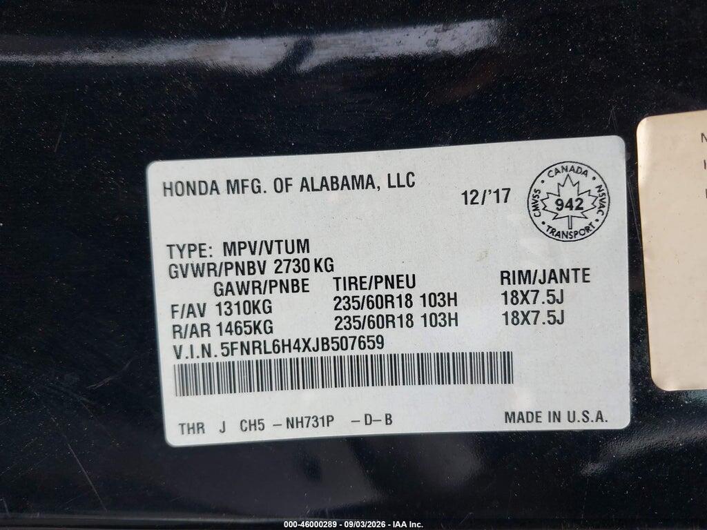 5FNRL6H4XJB507659 2018 HONDA ODYSSEY photo no. 9