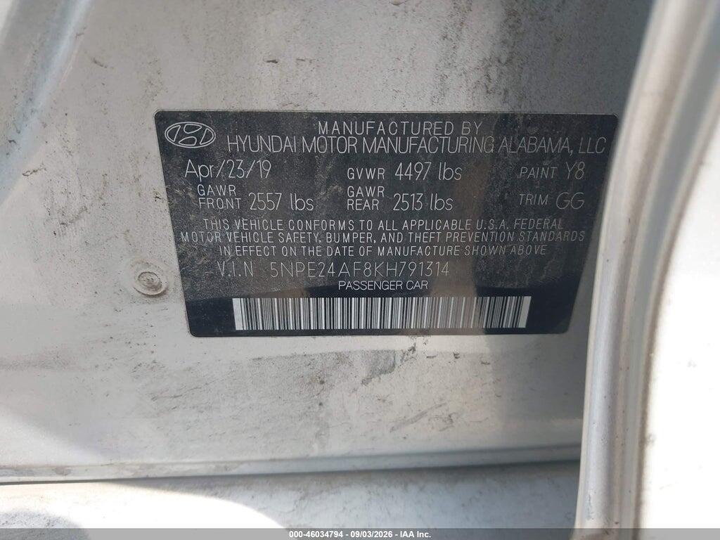5NPE24AF8KH791314 2019 HYUNDAI SONATA photo no. 9