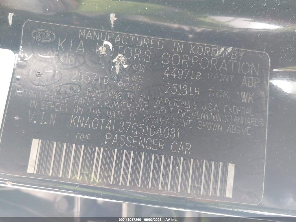 KNAGT4L37G5104031 2016 KIA OPTIMA photo no. 9