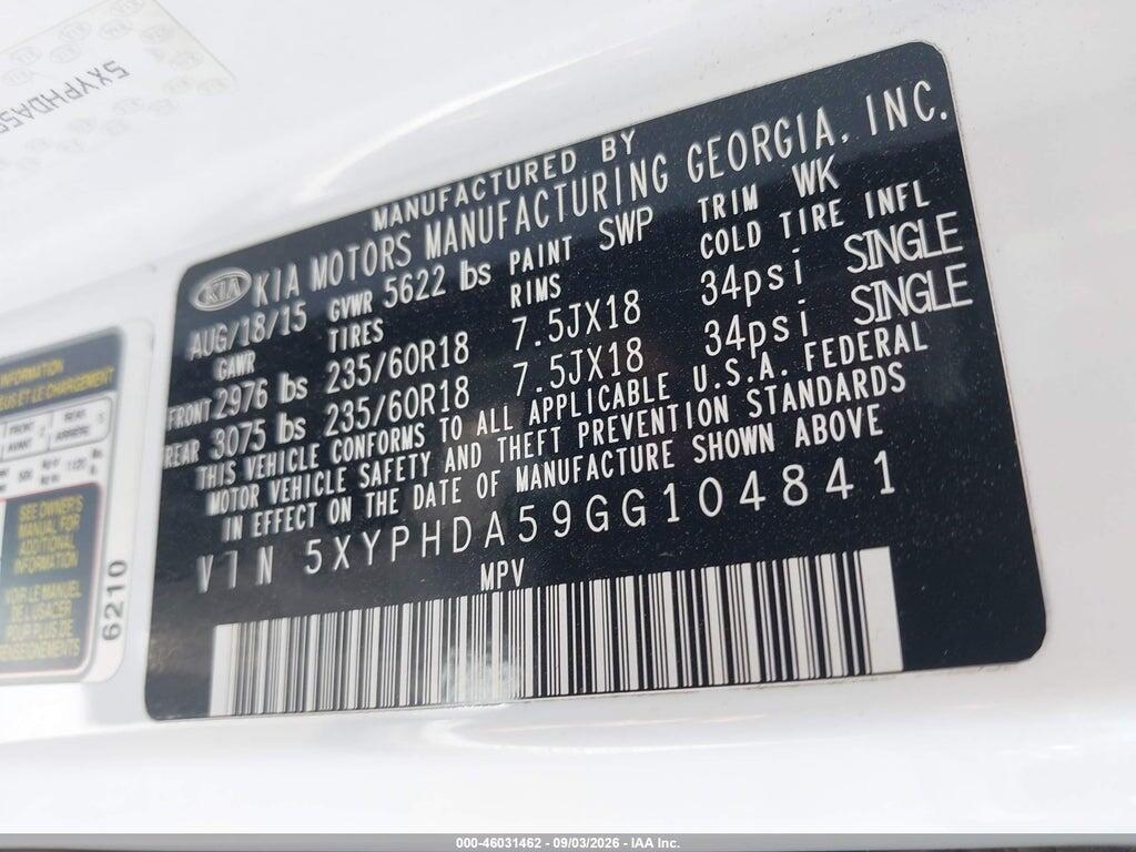 5XYPHDA59GG104841 2016 KIA SORENTO photo no. 9