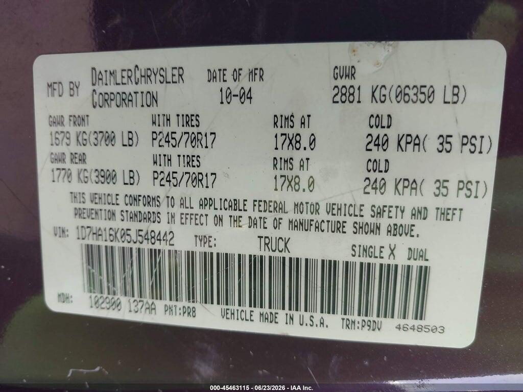 1D7HA16K05J548442 2005 DODGE RAM 1500 photo no. 9
