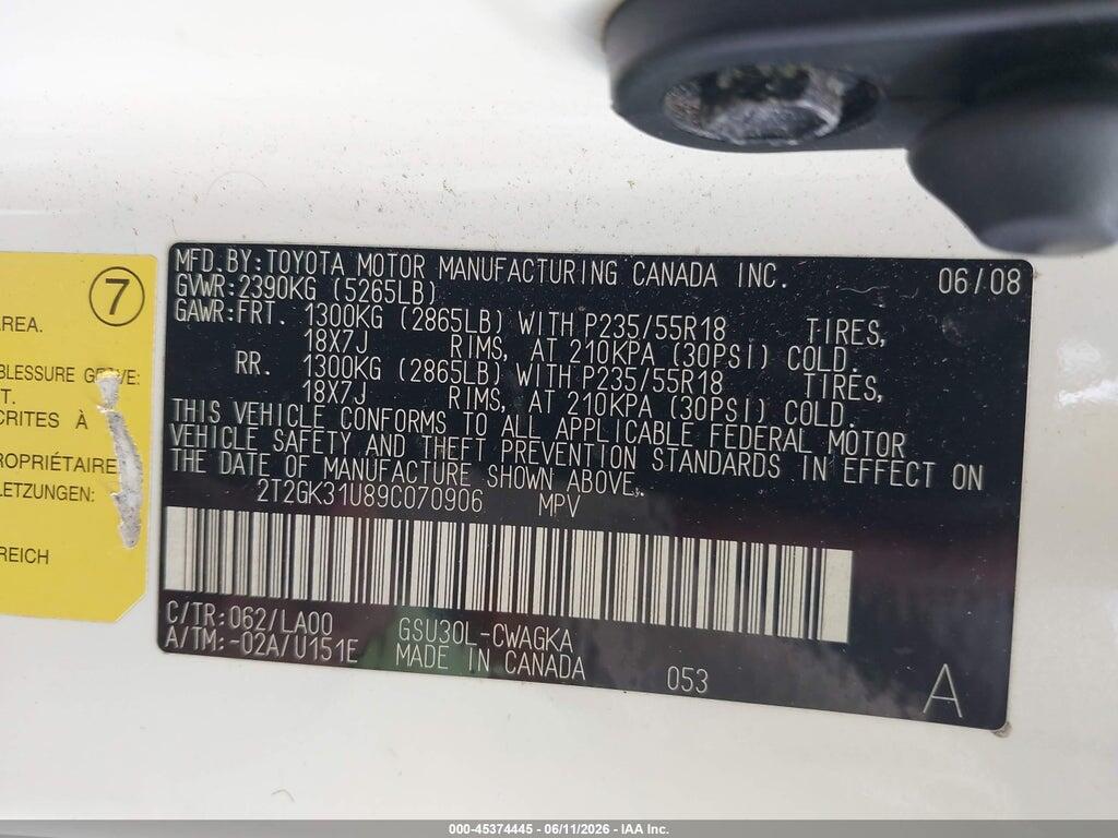 2T2GK31U89C070906 2009 LEXUS RX 350 photo no. 9