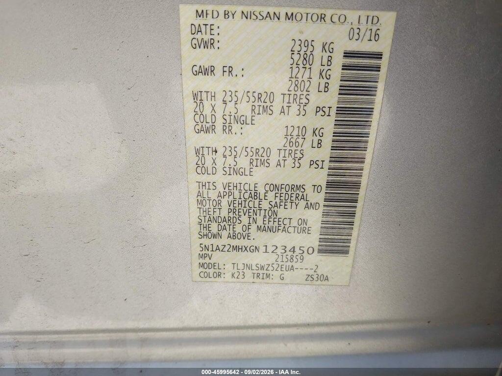 5N1AZ2MHXGN123450 2016 NISSAN MURANO photo no. 9