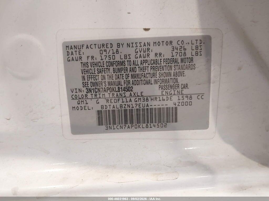 3N1CN7AP0KL814502 2019 NISSAN VERSA photo no. 9
