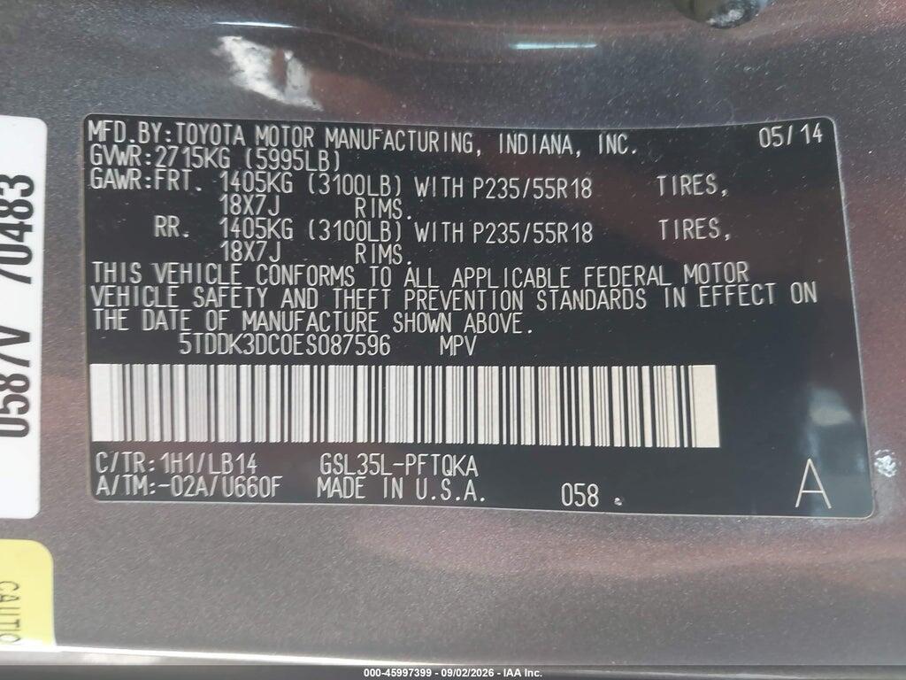 5TDDK3DC0ES087596 2014 TOYOTA SIENNA photo no. 9