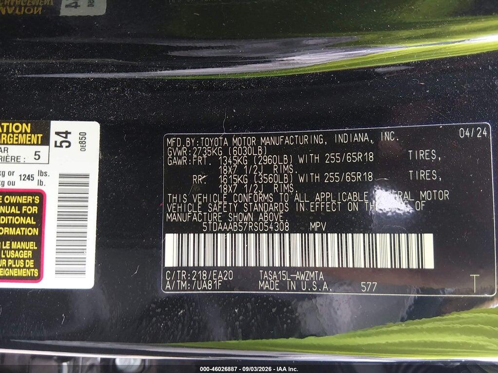 5TDAAAB57RS054308 2024 TOYOTA GRAND HIGHLANDER photo no. 9
