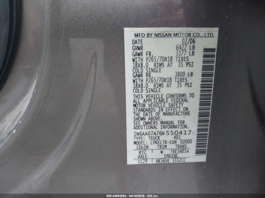 1N6AA07A76N550417 2006 NISSAN TITAN photo no. 9