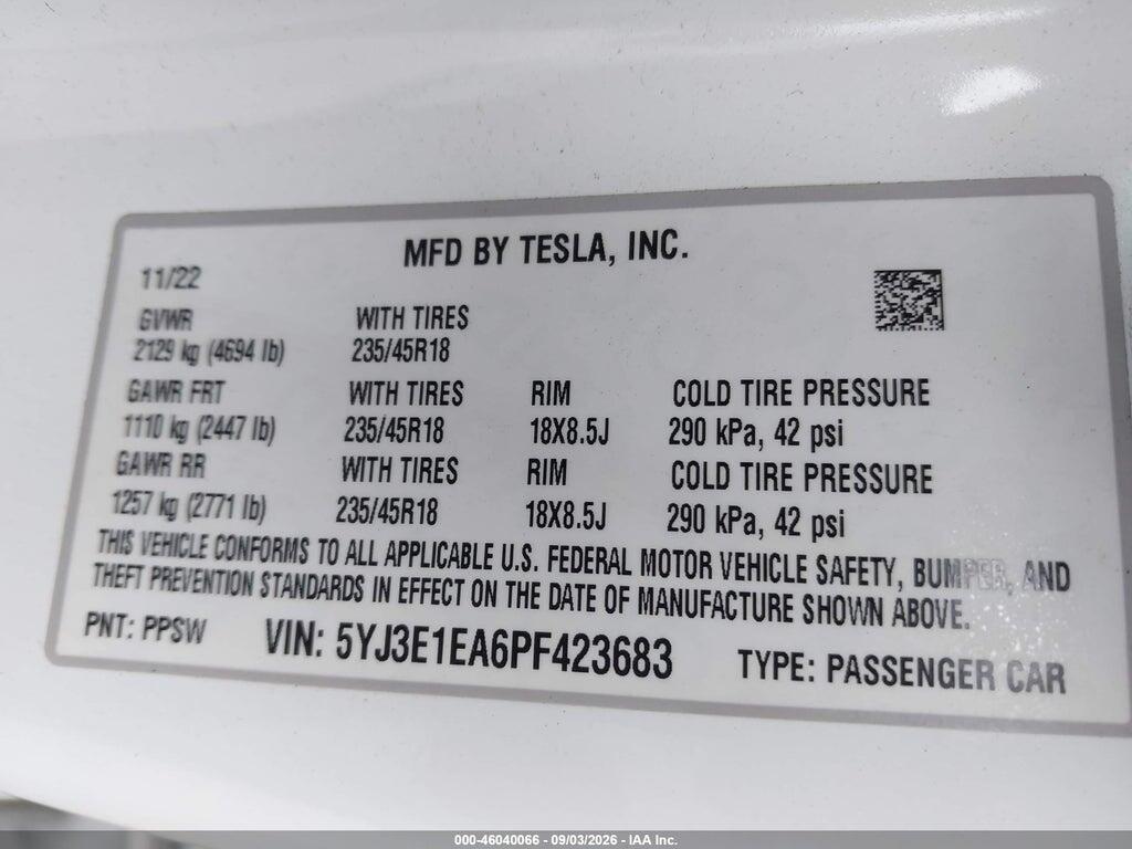 5YJ3E1EA6PF423683 2023 TESLA MODEL 3 photo no. 9