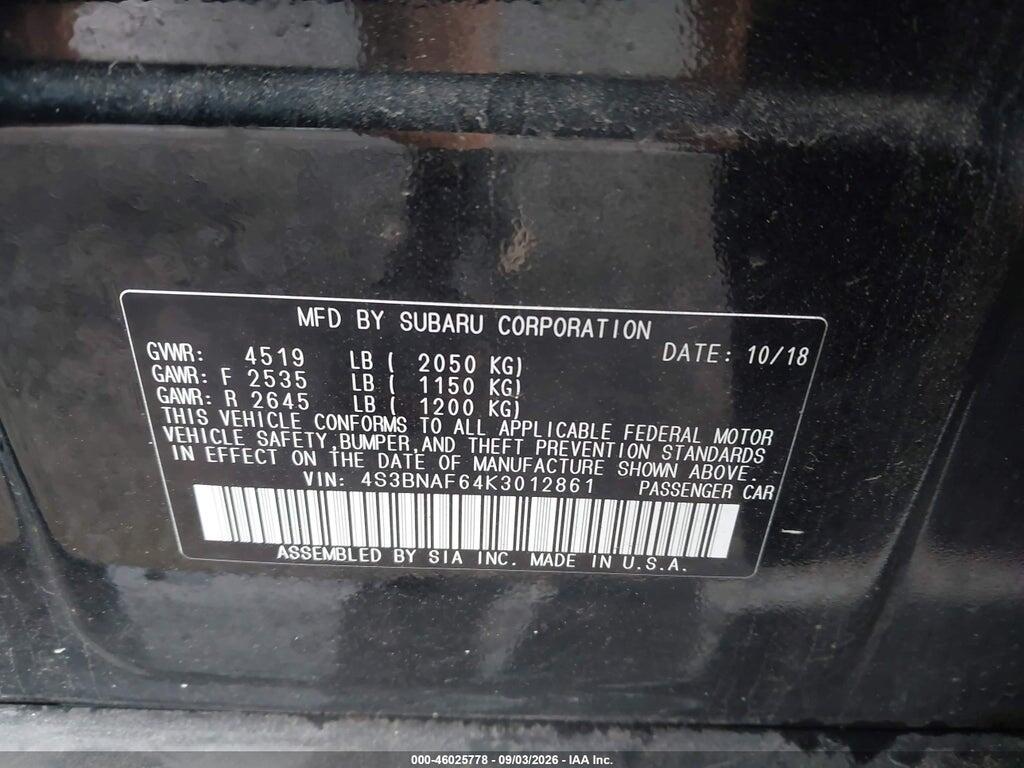 4S3BNAF64K3012861 2019 SUBARU LEGACY photo no. 9