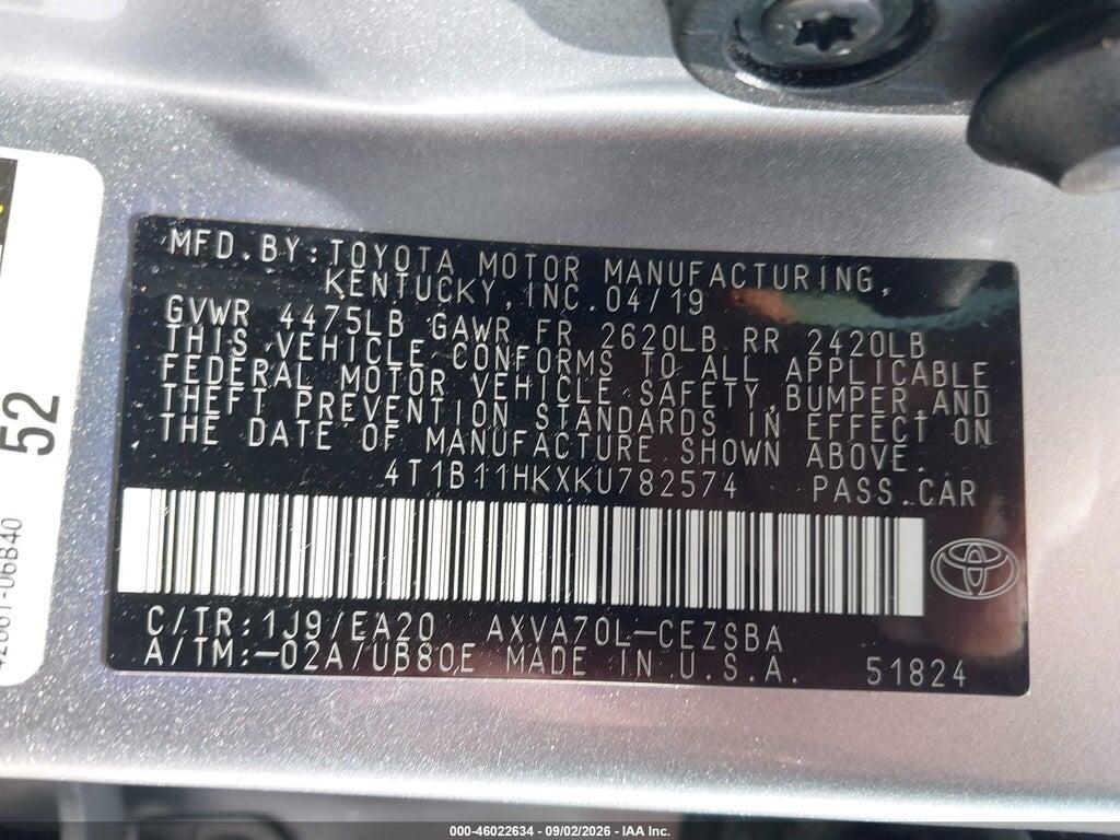4T1B11HKXKU782574 2019 TOYOTA CAMRY photo no. 9