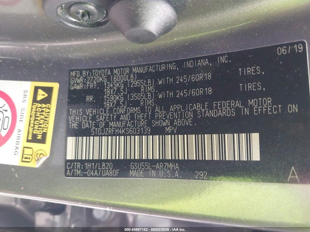 5TDJZRFH4KS603139 2019 TOYOTA HIGHLANDER photo no. 9