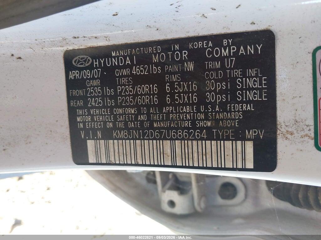 KM8JN12D67U686264 2007 HYUNDAI TUCSON photo no. 9