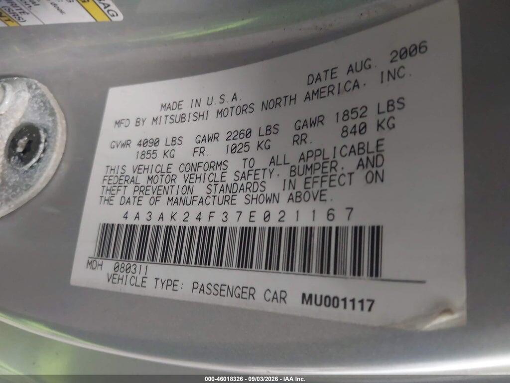4A3AK24F37E021167 2007 MITSUBISHI ECLIPSE photo no. 9