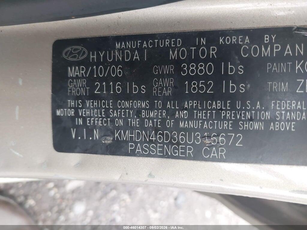 KMHDN46D36U316672 2006 HYUNDAI ELANTRA photo no. 9