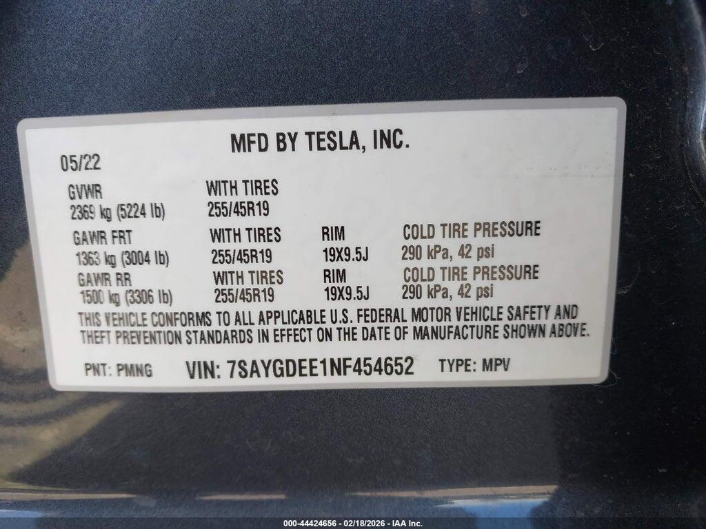 7SAYGDEE1NF454652 2022 TESLA MODEL Y photo no. 9