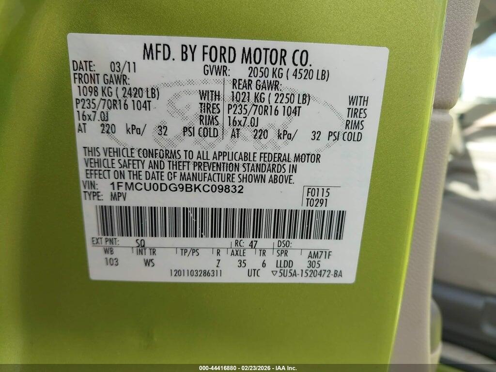 1FMCU0DG9BKC09832 2011 FORD ESCAPE photo no. 9