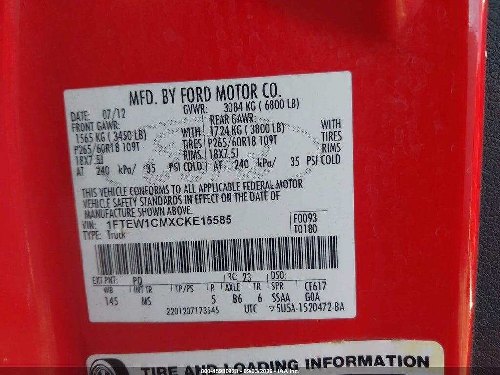 1FTEW1CMXCKE15585 2012 FORD F-150 photo no. 9