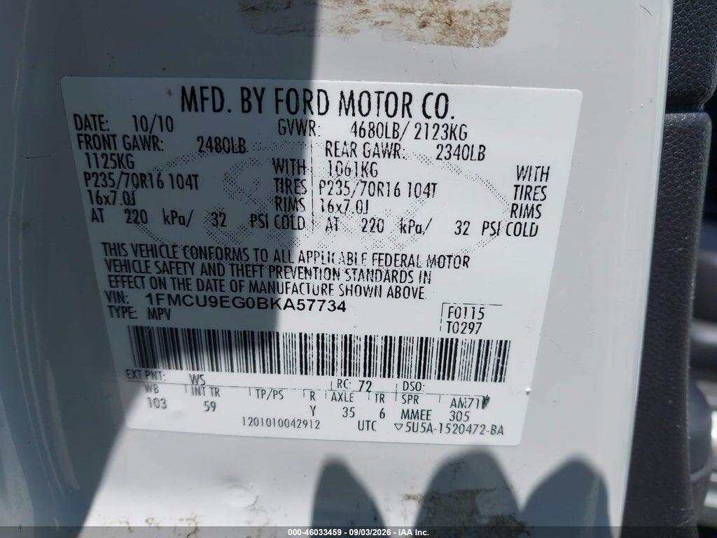 1FMCU9EG0BKA57734 2011 FORD ESCAPE photo no. 9