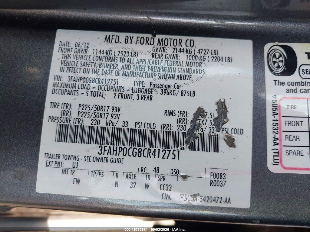 3FAHP0CG8CR412751 2012 FORD FUSION photo no. 9