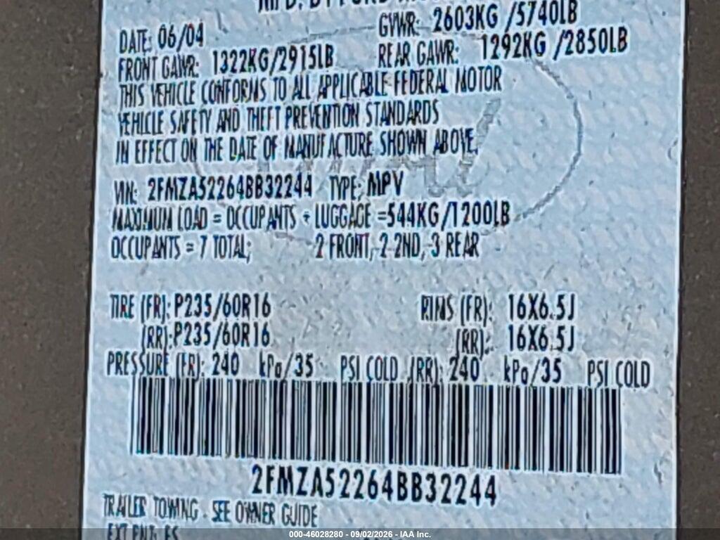 2FMZA52264BB32244 2004 FORD FREESTAR photo no. 9