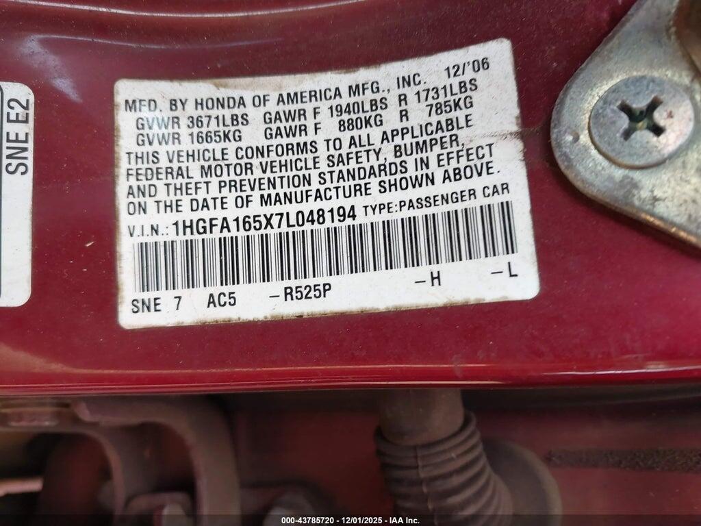 1HGFA165X7L048194 2007 HONDA CIVIC photo no. 9