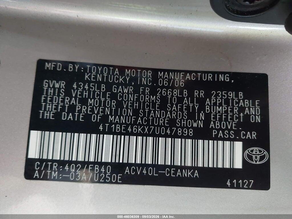 4T1BE46KX7U047898 2007 TOYOTA CAMRY photo no. 9