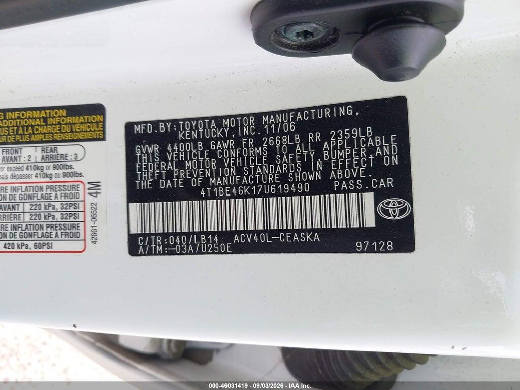 4T1BE46K17U619490 2007 TOYOTA CAMRY photo no. 9