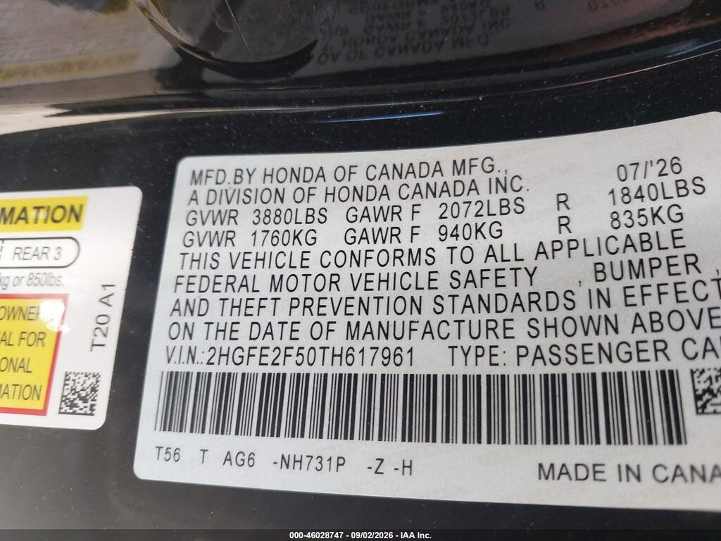 2HGFE2F50TH617961 2026 HONDA CIVIC photo no. 9