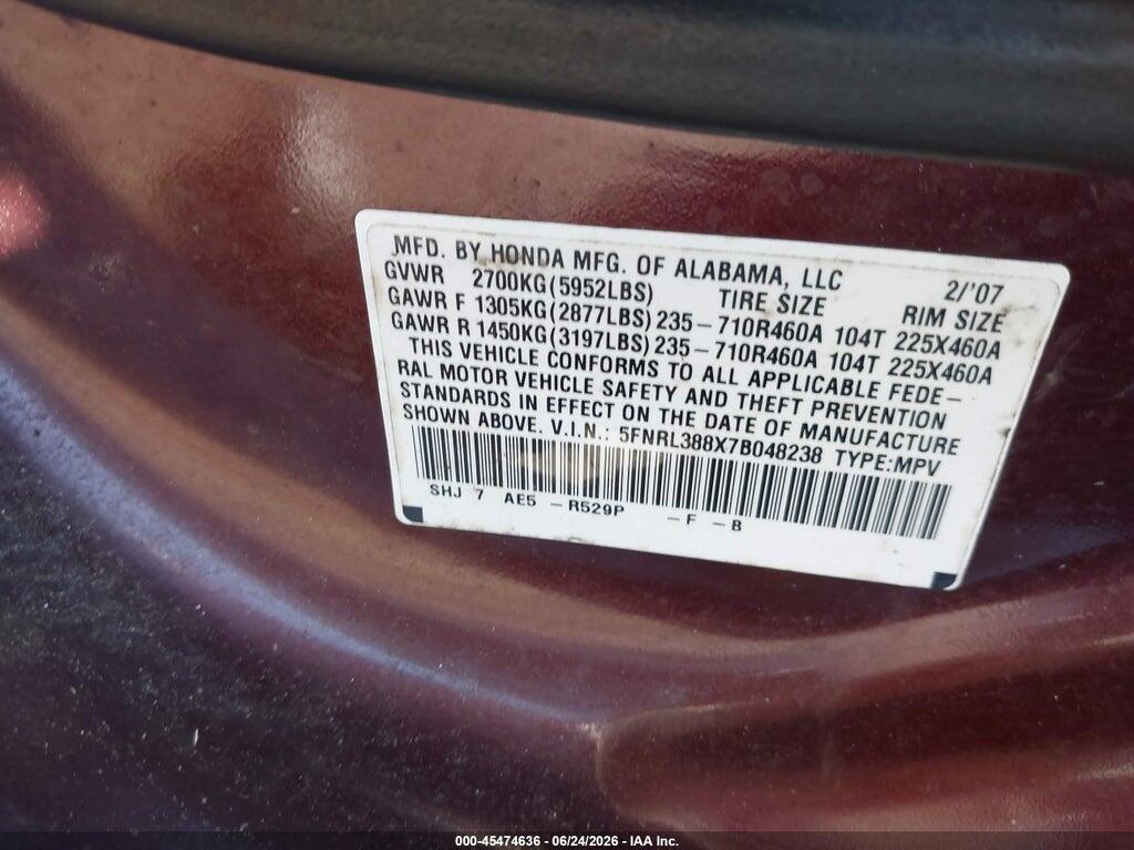 5FNRL388X7B048238 2007 HONDA ODYSSEY photo no. 9