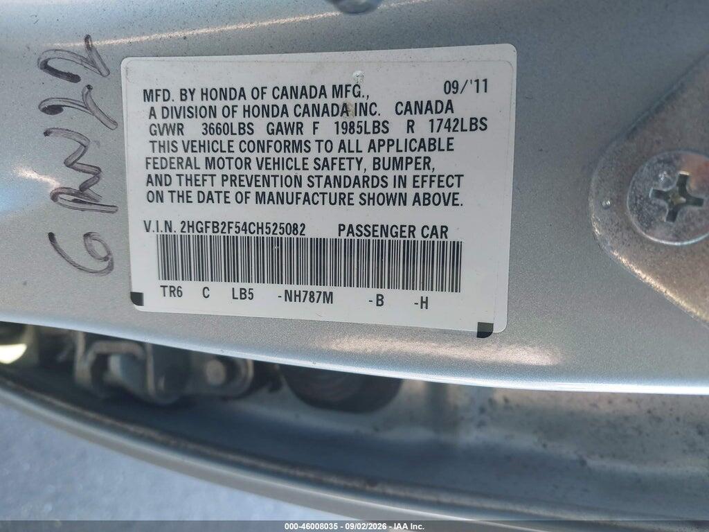 2HGFB2F54CH525082 2012 HONDA CIVIC photo no. 9