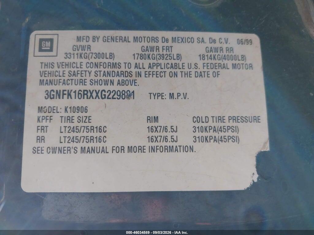 3GNFK16RXXG229881 1999 CHEVROLET SUBURBAN 1500 photo no. 9