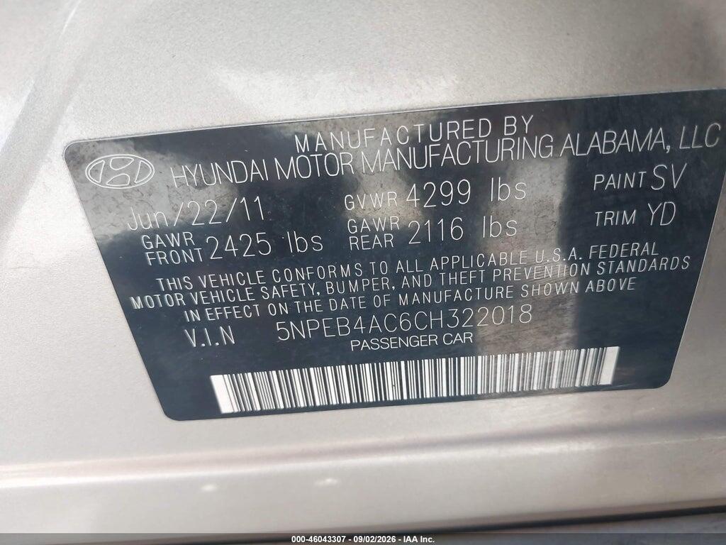 5NPEB4AC6CH322018 2012 HYUNDAI SONATA photo no. 9