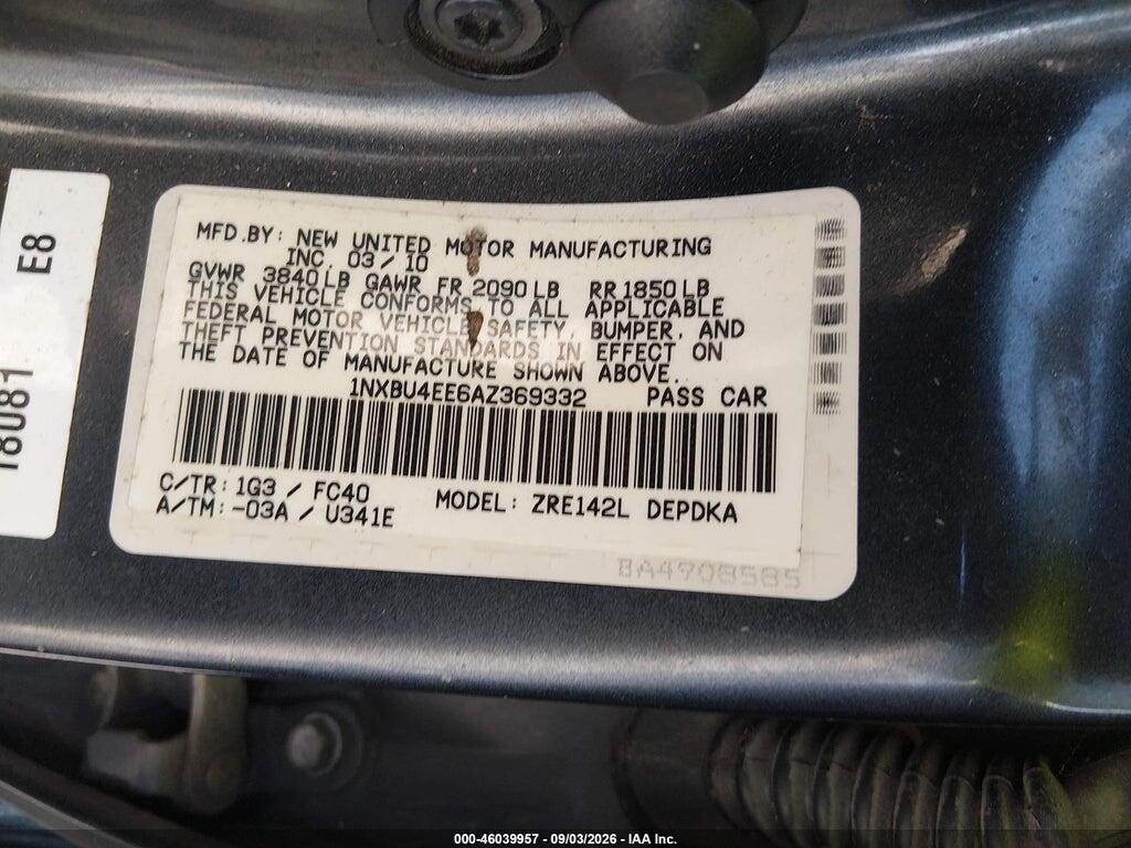 1NXBU4EE6AZ369332 2010 TOYOTA COROLLA photo no. 9