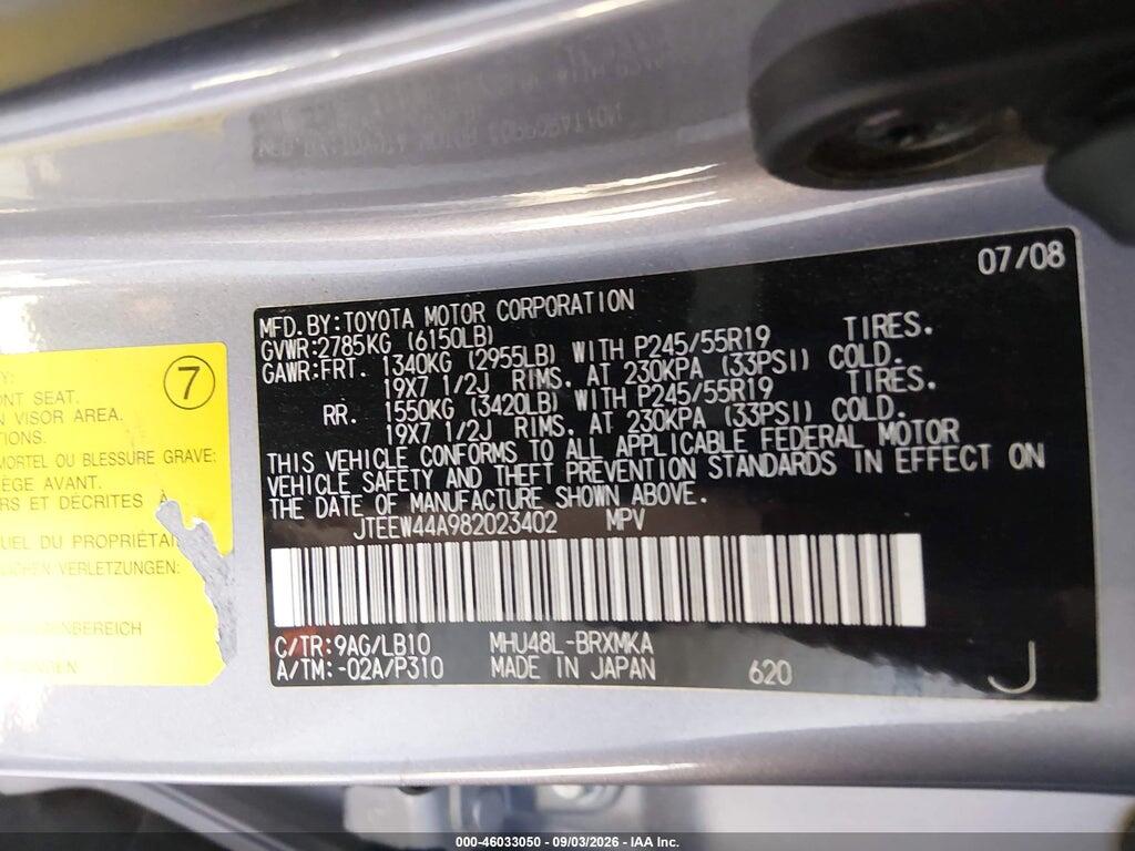 JTEEW44A982023402 2008 TOYOTA HIGHLANDER HYBRID photo no. 9
