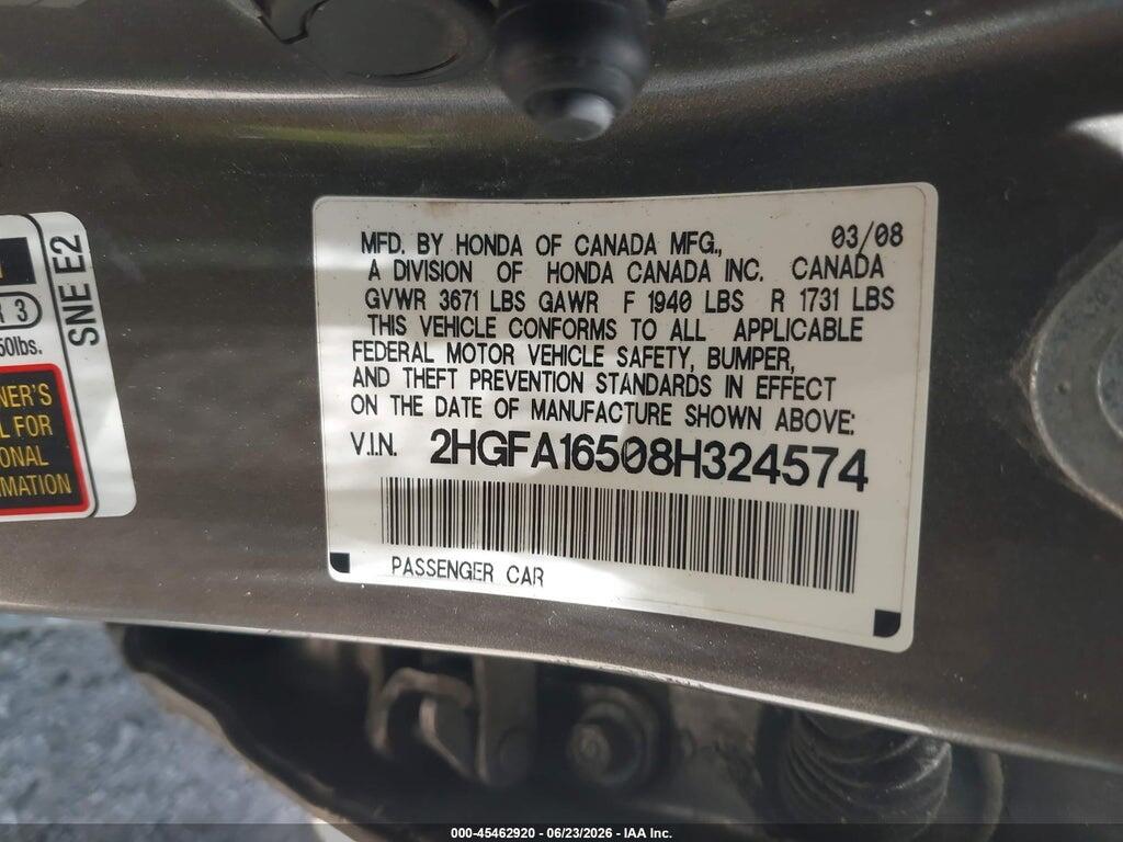 2HGFA16508H324574 2008 HONDA CIVIC photo no. 9