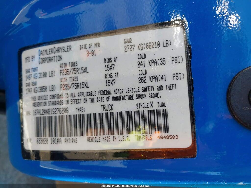 1B7HL2AN81S276206 2001 DODGE DAKOTA photo no. 9